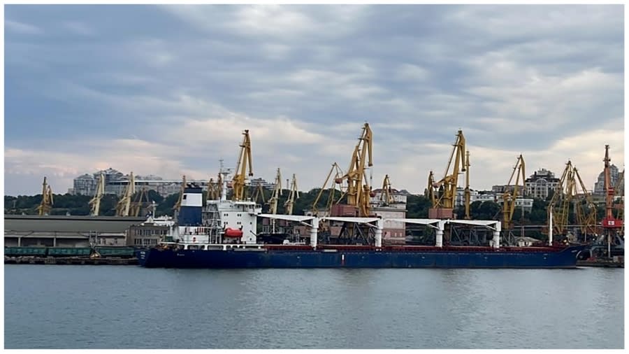 <span><em>In this photo provided by the Ukrainian Infrastructure Ministry Press Office, the Razoni cargo ship, under the flag of Sierra Leone, with 26,000 tons of the Ukrainian corn aboard, leaves the port in Odesa region of Ukraine on Aug. 1, 2022. (Ukrainian Infrastucture Ministry Press Office via AP)</em></span>