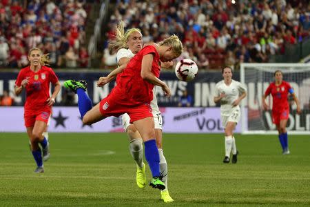 May 16, 2019; St. Louis , MO, USA; USA defender Abby Dahlkemper(7) heads a ball during the second half against New Zealand during a Countdown to the Cup Women's Soccer match at Busch Stadium. Jeff Curry-USA TODAY Sports