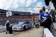 BRISTOL, TN - MARCH 18: Brian Vickers, driver of the #55 Aaron's Dream Machine Toyota, pits during the NASCAR Sprint Cup Series Food City 500 at Bristol Motor Speedway on March 18, 2012 in Bristol, Tennessee. (Photo by John Harrelson/Getty Images for NASCAR)