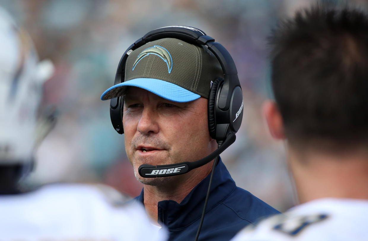 JACKSONVILLE, FL - NOVEMBER 12:  Defensive coordinator for the Los Angeles Chargers Gus Bradley watches the play on the field during the first half of their game against the Jacksonville Jaguars at EverBank Field on November 12, 2017 in Jacksonville, Florida.  (Photo by Logan Bowles/Getty Images)