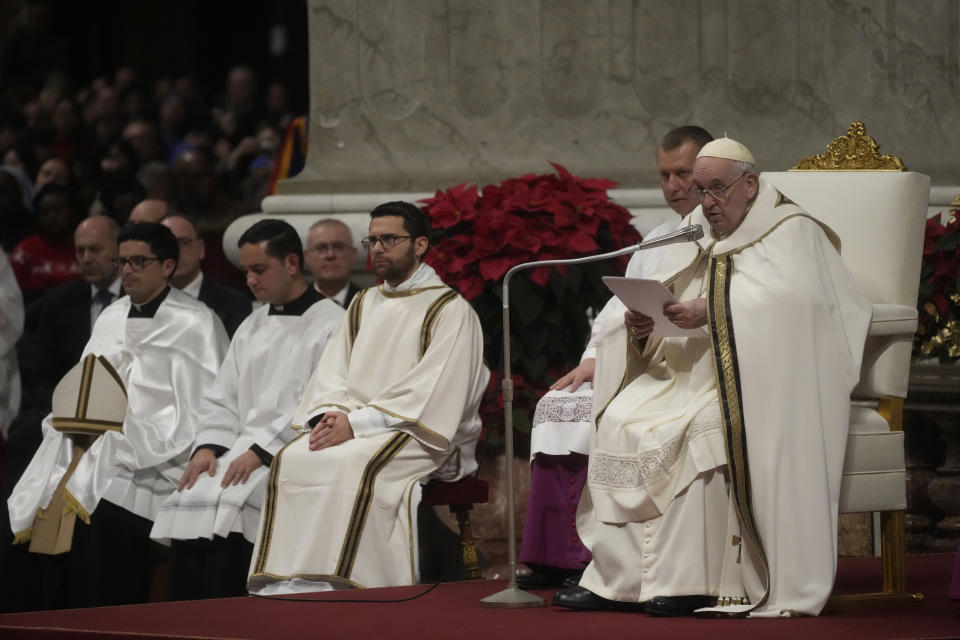 Pope Francis presides over Christmas Eve Mass, at St. Peter's Basilica at the Vatican, Saturday Dec. 24, 2022. (AP Photo/Gregorio Borgia)