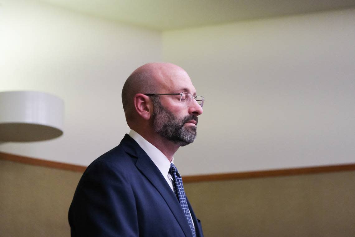 San Luis Obispo County Deputy District Attorney Ben Blumenthal speaks to the judge during Norman Hibble’s bail hearing in San Luis Obispo Superior Court on Feb. 28, 2024. Hibble is accused of embezzling at least $250,000 from San Luis Obispo County while working in the technology department.