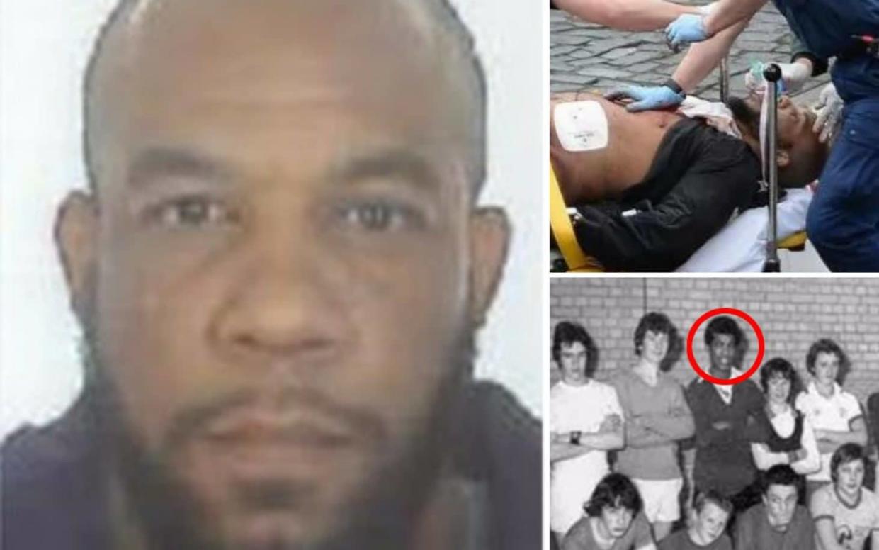 Khalid Masood, pictured left in an image released by Scotland Yard, (top right) on a stretcher after being shot and (bottom right) in a school football team - Metropolitan Police/PA