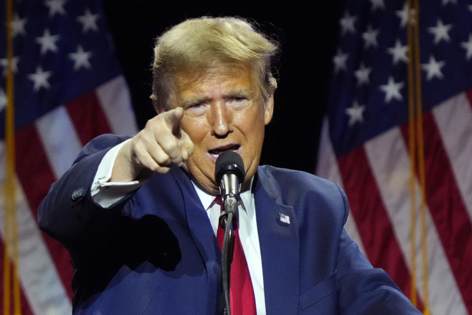 Republican presidential candidate former President Donald Trump speaks at the National Rifle Association's Presidential Forum in Harrisburg, Pa., Friday, Feb. 9, 2024. (AP Photo/Matt Rourke)