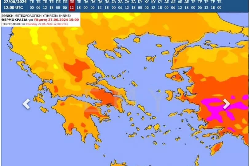 Temperature map of Greece for June 27 by the Hellenic National Meteorological Service