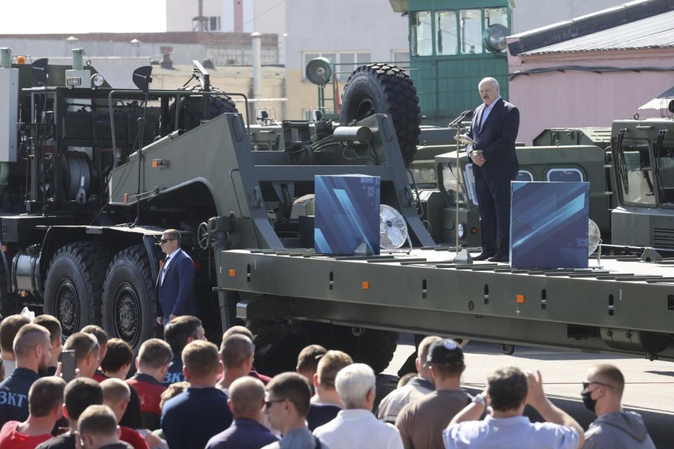 Belarus President Alexander Lukashenko addresses factory workers.