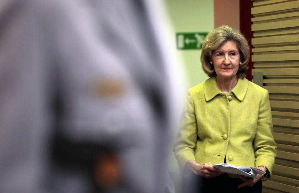 United States Ambassador to NATO Kay Bailey Hutchison walks to the podium prior to a media conference at NATO headquarters in Brussels, Tuesday, June 25, 2019. (AP Photo/Virginia Mayo)