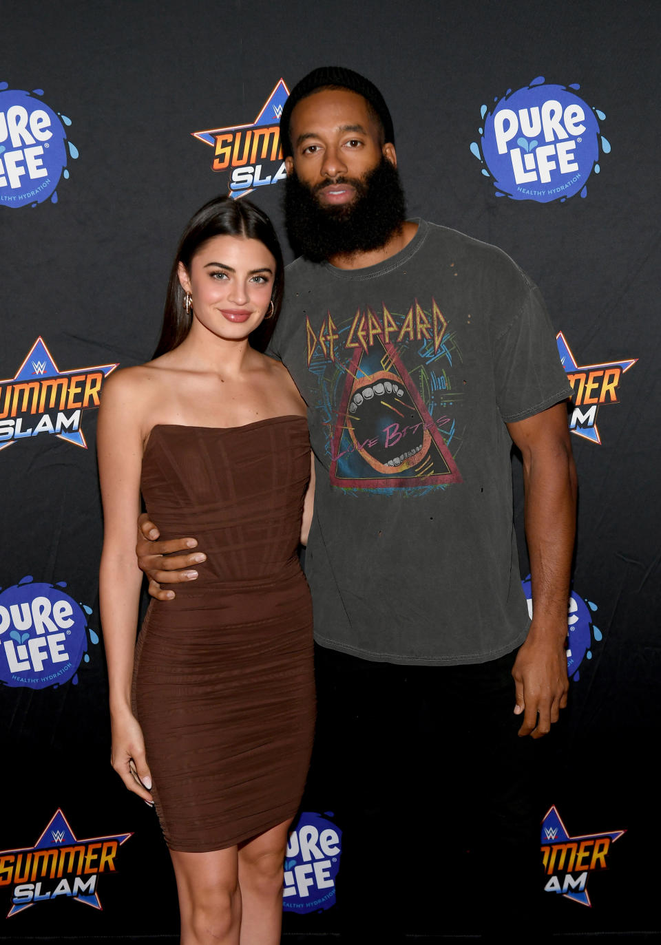 Rachael Kirkconnell and Matt James pose as they arrive at the WWE SummerSlam after party on August 21, 2021