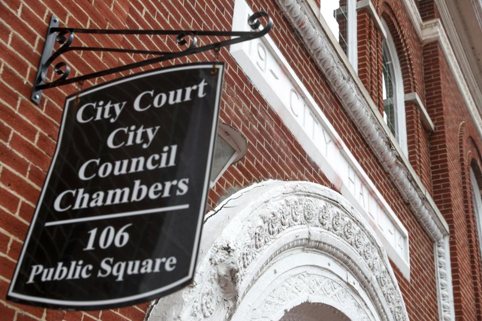 The doorway to city court and council at City Council Chambers in Clarksville, Tenn., on Wednesday, March 18, 2020.