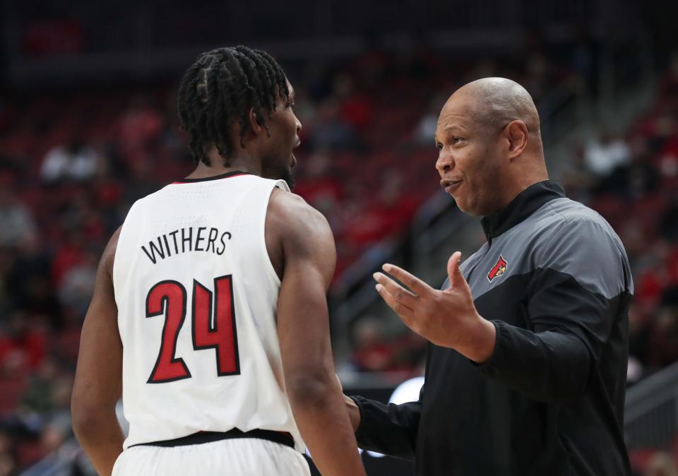 U of L coach Kenny Payne instructs Jae'Lyn Withers against Georgia Tech. Payne said he is happy for Withers, who left Louisville to play for the Tar Heels.