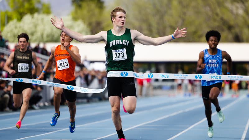 Burley High’s Gatlin Bair looks at the screen after winning the boys 100-meter race during the BYU Track Invitational at the Clarence F. Robison Outdoor Track in Provo on Saturday, May 6, 2023.