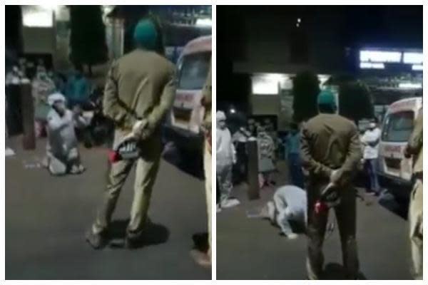 印度2男子跪求警方不要拿走母親的氧氣瓶，警察卻無動於衷。（翻攝自@dklavaniaTOI推特）