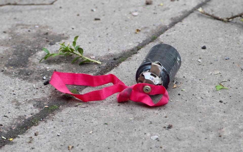 An unexploded cluster bomb in the street of central Stepanakert in Nagorno-Karabakh - Julian Simmonds
