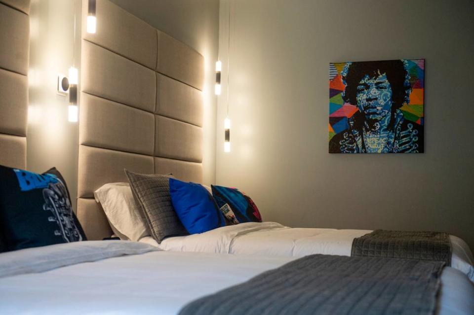 The rock and roll themed room at The Bella, a boutique hotel in Biloxi, on Wednesday, Sept. 13, 2023. The hotel’s rooms all have different modern themes related to today’s pop culture.