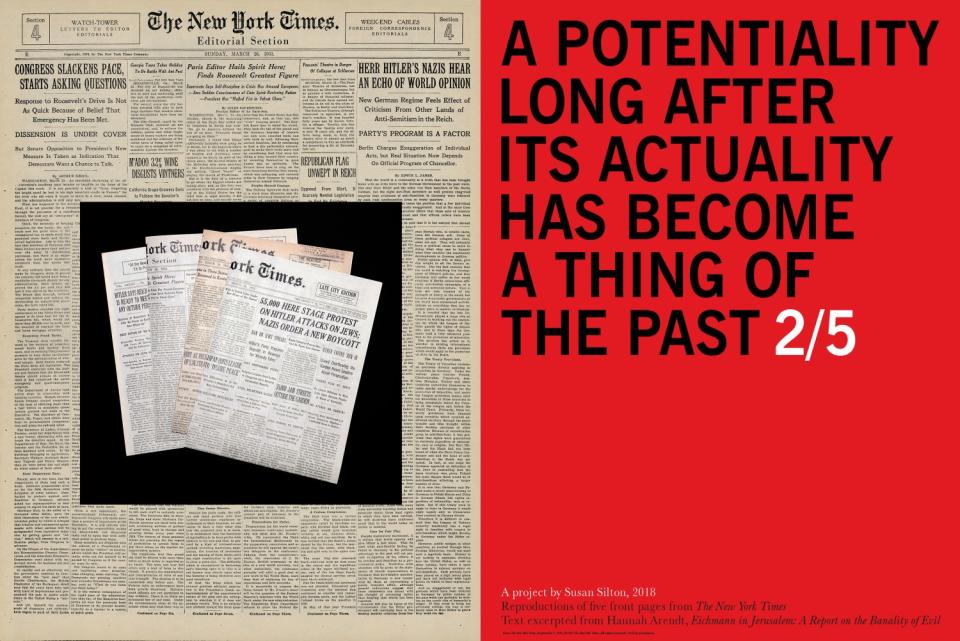 A collaged image features covers of the New York Times and a red backdrop with the phrase beginning "A potentiality ..."