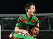 Bunnies players celebrate Johnston's try