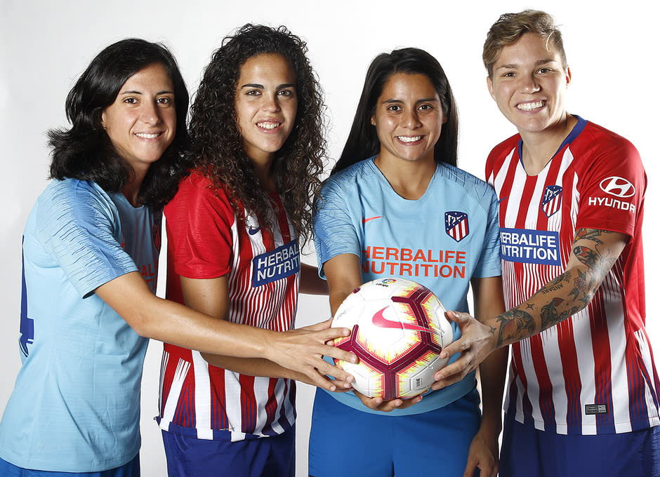 Dolores Silva, Andrea Falcón, Kenti Robles y Elena Linari, futbolistas del Atlético de Madrid Femenino. / Foto: atleticodemadrid.com / Alberto Molina