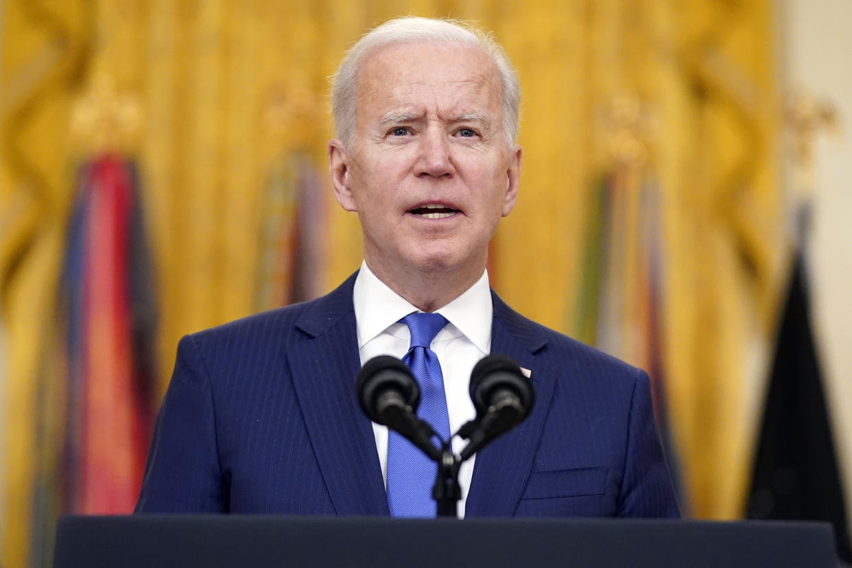 President Joe Biden speaks during an event to mark International Women's Day, Monday, March 8, 2021, in the East Room of the White House in Washington. (AP Photo/Patrick Semansky)