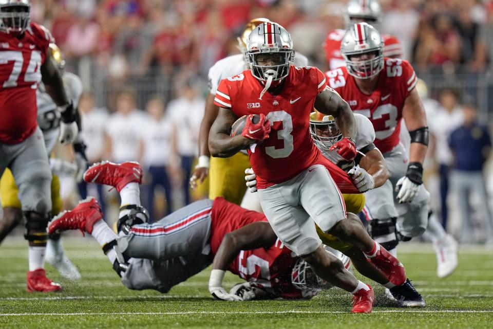 Sep 3, 2022; Columbus, Ohio, USA;  Ohio State Buckeyes running back Miyan Williams (3) breaks free during the fourth quarter of the NCAA football game against the Notre Dame Fighting Irish at Ohio Stadium. Ohio State won 21-10. Mandatory Credit: Adam Cairns-USA TODAY Sports