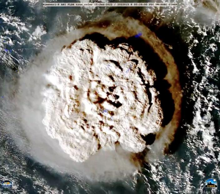 A plume rises over Tonga after the underwater volcano Hunga Tonga-Hunga Ha&#x002019;apai erupted (NOAA/SSEC/CIMSS via REUTERS)