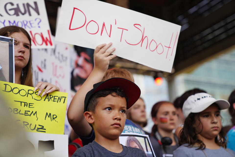 Young protesters outside the annual NRA meeting in Houston on May 27.  (Allison Dinner for NBC News)