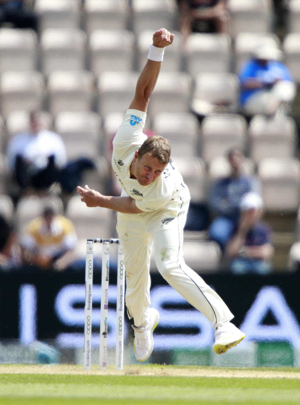 New Zealand's Neil Wagner bowls during the sixth day of the World Test Championship final cricket match between New Zealand and India, at the Rose Bowl in Southampton, England, Wednesday, June 23, 2021. (AP Photo/Ian Walton)