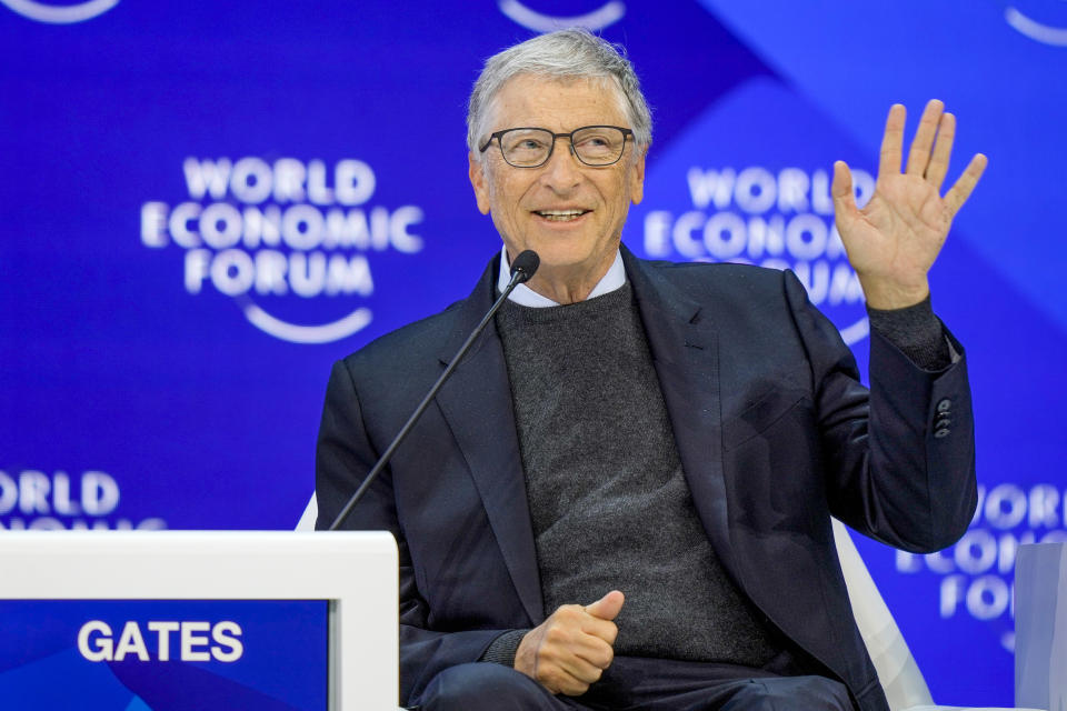 Bill Gates takes part in a panel at the Annual Meeting of World Economic Forum in Davos, Switzerland, Wednesday, Jan. 17, 2024. The annual meeting of the World Economic Forum is taking place in Davos from Jan. 15 until Jan. 19, 2024.(AP Photo/Markus Schreiber)