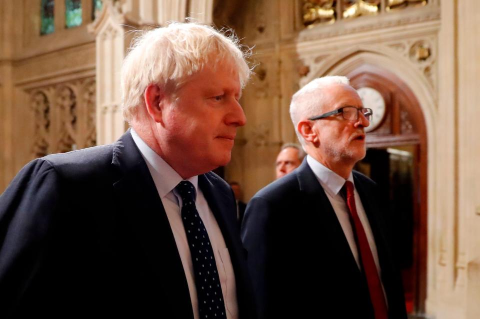 Boris Johnson walks to the Queen's Speech with Jeremy Corbyn (POOL/AFP via Getty Images)