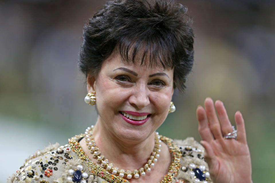 Nov 7, 2021; New Orleans, Louisiana, USA; New Orleans Saints owner Gayle Benson smiles during the first quarter of their game against the Atlanta Falcons at the Caesars Superdome. Mandatory Credit: Chuck Cook-USA TODAY Sports