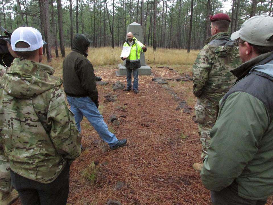 Jon Schleier, an archeologist with Fort Bragg's Cultural Resources Managment Program, leads a guided tour to the Civil War Battle of Monroe's Crossroads site March 10, 2023.