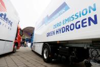 FILE PHOTO: New hydrogen fuel cell truck made by Hyundai is displayed in Luzern