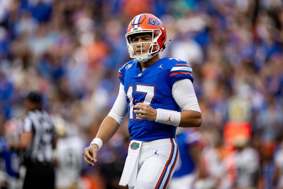 Florida Gators quarterback Max Brown (17) walks off the field during the second half against the Vanderbilt Commodores at Steve Spurrier Field at Ben Hill Griffin Stadium in Gainesville, FL on Saturday, October 7, 2023. [Matt Pendleton/Gainesville Sun]