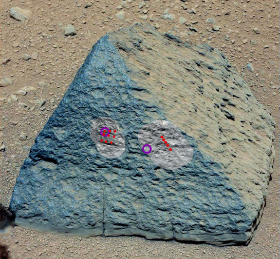 This image shows where NASA's Curiosity rover aimed two different instruments to study a rock known as "Jake Matijevic" in late September 2012. The red dots indicate where Curiosity fired its laser at the rock. The circular black and white imag