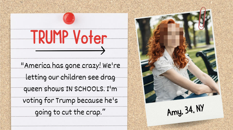 A note pinned to a board reads "TRUMP Voter: 'America has gone crazy! We're letting our children see drag queen shows IN SCHOOLS. I'm voting for Trump because he's going to cut the crap.'" A photo of a woman labeled "Amy, 34, NY" is attached beside it