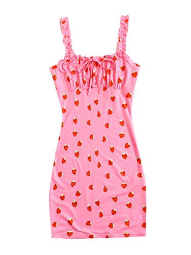 Romwe Women's Ruched Bust Sleeveless Ruffle Party Cami Bodycon Dress Strawberry Pink XL