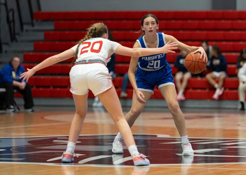 The Nixa Lady Eagles took on the Marshfield Lady Blue Jays in the semifinal round of the White Division during the Pink and White Tournament at O’Reilly Family Events Center on December 29, 2023.