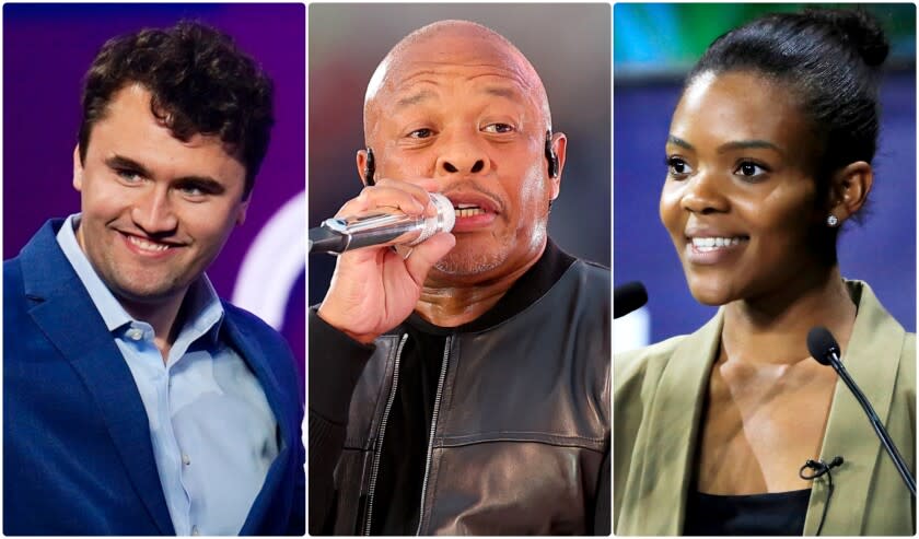 Triptych of (L-R) Charlie Kirk, Dr. Dre and Candace Owens.