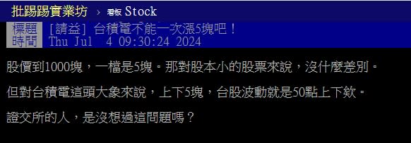 台積電站穩千元！他憂「上下跳動1次5元」網一看笑了：是不是虧錢了