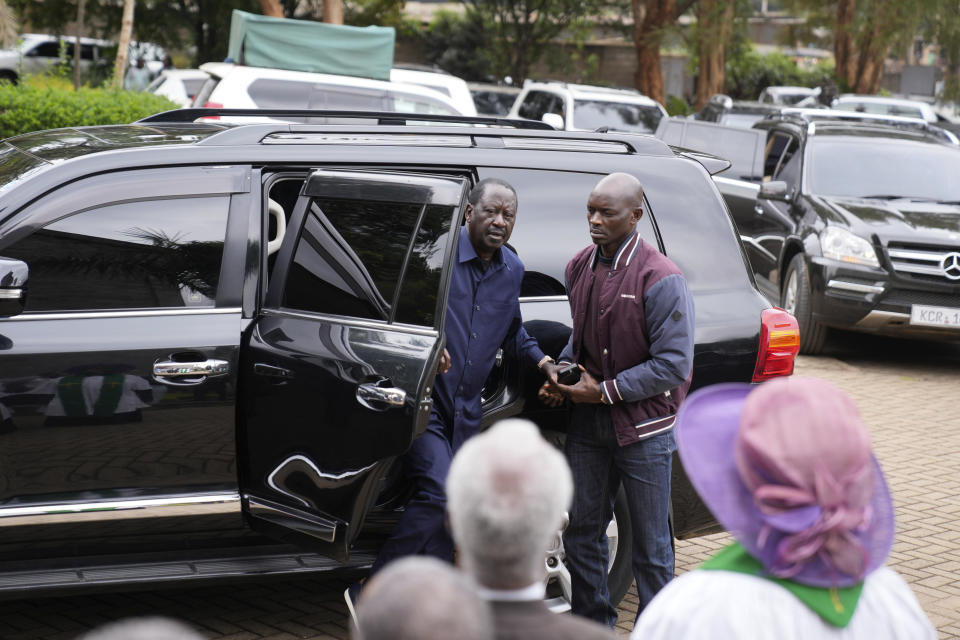 Presidential candidate Raila Odinga arrives to attend Sunday mass in St. Francis church in Nairobi, Kenya, Sunday, Aug. 14, 2022. The race remains close between Odinga and Deputy President William Ruto as the electoral commission physically verifies more than 46,000 results forms electronically transmitted from around the country. (AP Photo/Mosa'ab Elshamy)