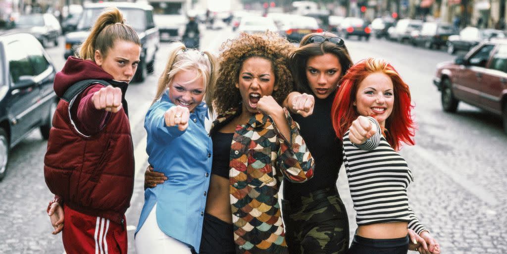 english pop group the spice girls, paris, september 1996 left to right melanie chisholm, emma bunton, melanie brown, victoria beckham and geri halliwell aka sporty, baby, scary, posh and ginger spice photo by tim roneygetty images