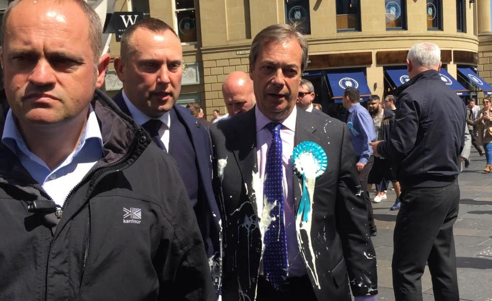 Nigel Farage after he was doused in milkshake during a campaign walkabout in Newcastle (Picture: PA)