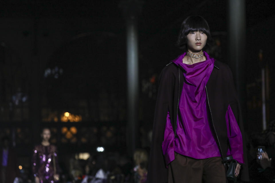 A model wears a creation for the Valentino Spring-Summer 2022 ready-to-wear fashion show presented in Paris, Friday, Oct. 1, 2021. (Photo by Vianney Le Caer/Invision/AP)