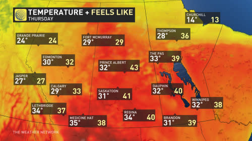 Prairies Thursday temperatures and humidex July 10 2024