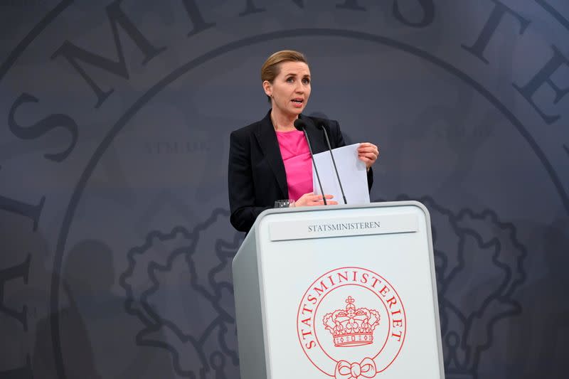 Denmark's Prime Minister Mette Frederiksen attends a news conference in the Prime Minister's Office in Copenhagen