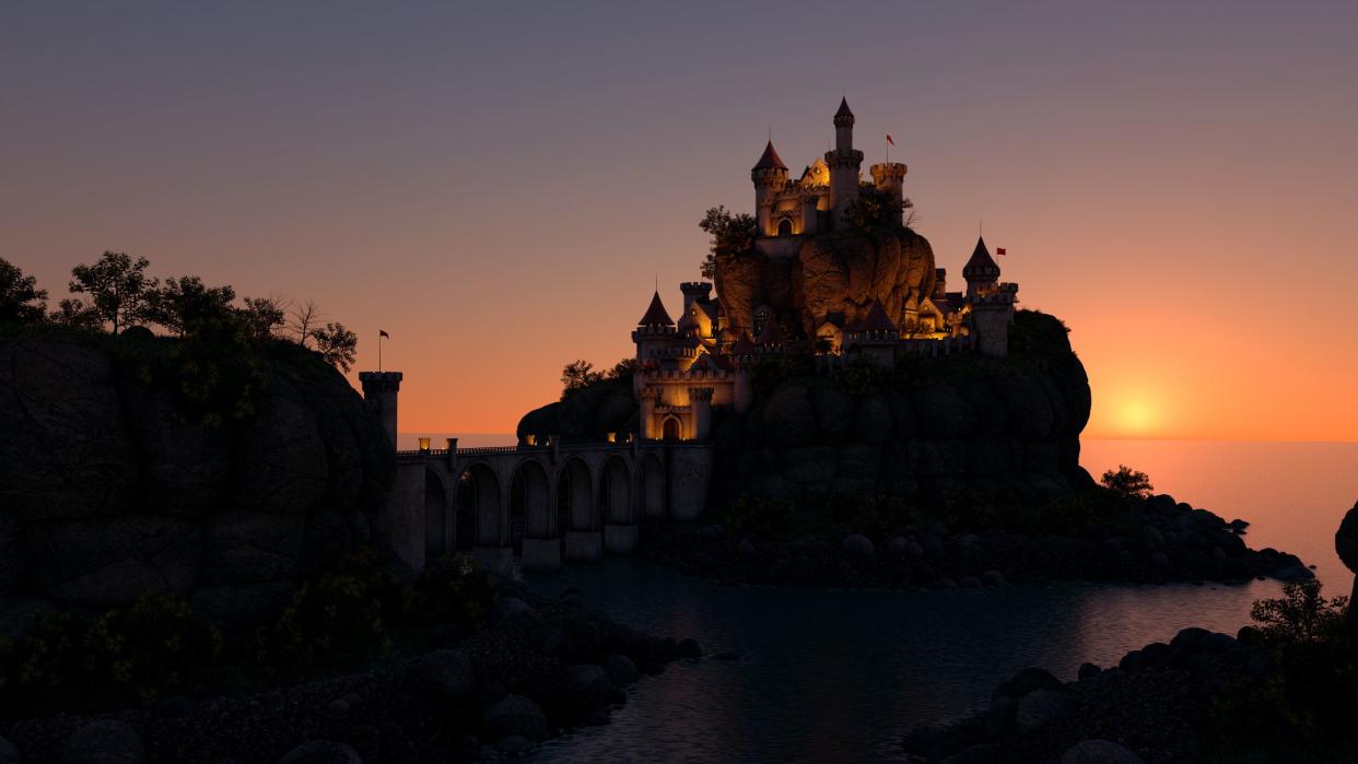 Computer generated image of a fantasy castle.