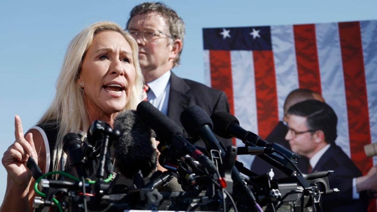 <div>Rep. Marjorie Taylor Greene (R-GA) speaks at a news conference alongside Rep. Thomas Massie (R-KY) at the U.S. Capitol Building on May 01, 2024 in Washington, DC. During the news conference, Greene announced she would move forward with her motion to vacate U.S. Speaker Mike Johnson (R-LA). (Photo by Anna Moneymaker/Getty Images)</div>