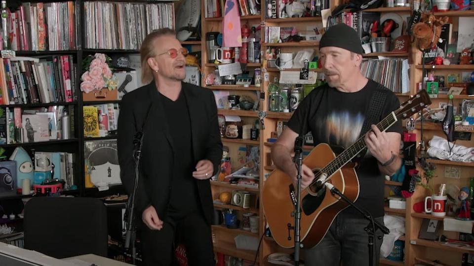  Bono and the Edge perform four acoustic tracks for NPR's Tiny Desk Concert series 