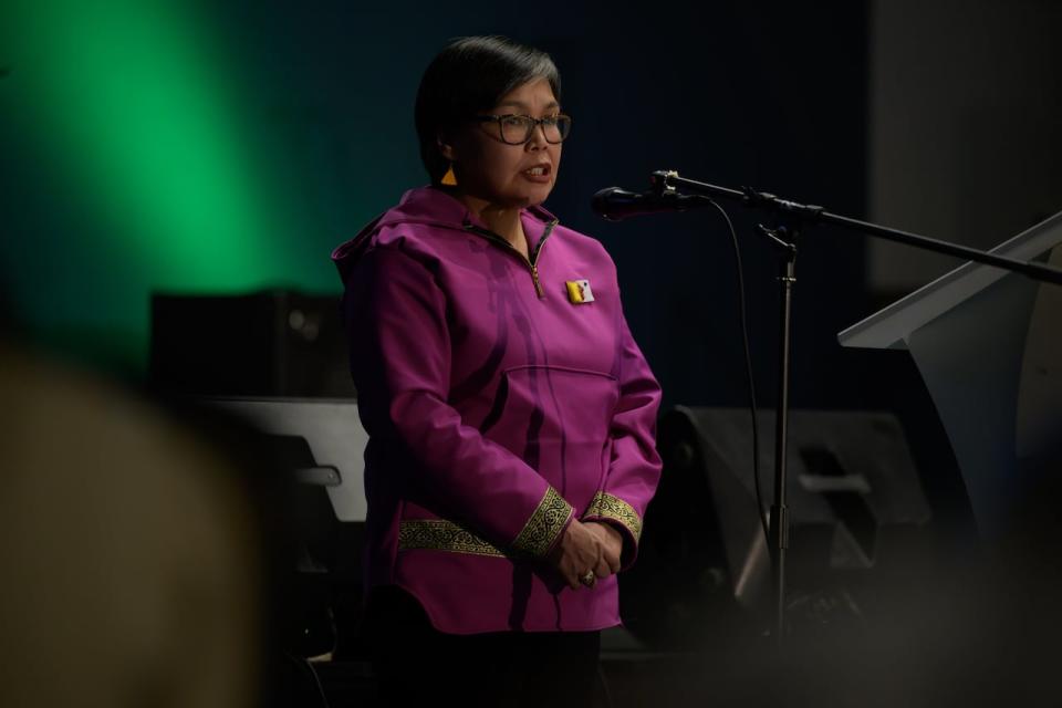 Nunavut NDP MP Lori Idlout speaks during a celebration in Iqaluit marking the 25th anniversary of the creation of Nunavut on Mon. April 1, 2024.