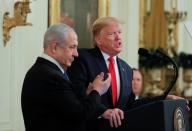 U.S. President Trump and Israel's Prime Minister Netanyahu discuss Middle East peace proposal at White House in Washington