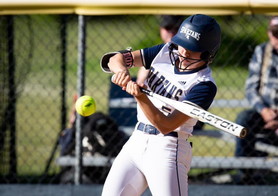 Marist's Paige Doerr hits the ball as the Marist Spartans defeated Stayton 6-0 at Marist Catholic High School Tuesday, May 31, 2022, in Eugene.